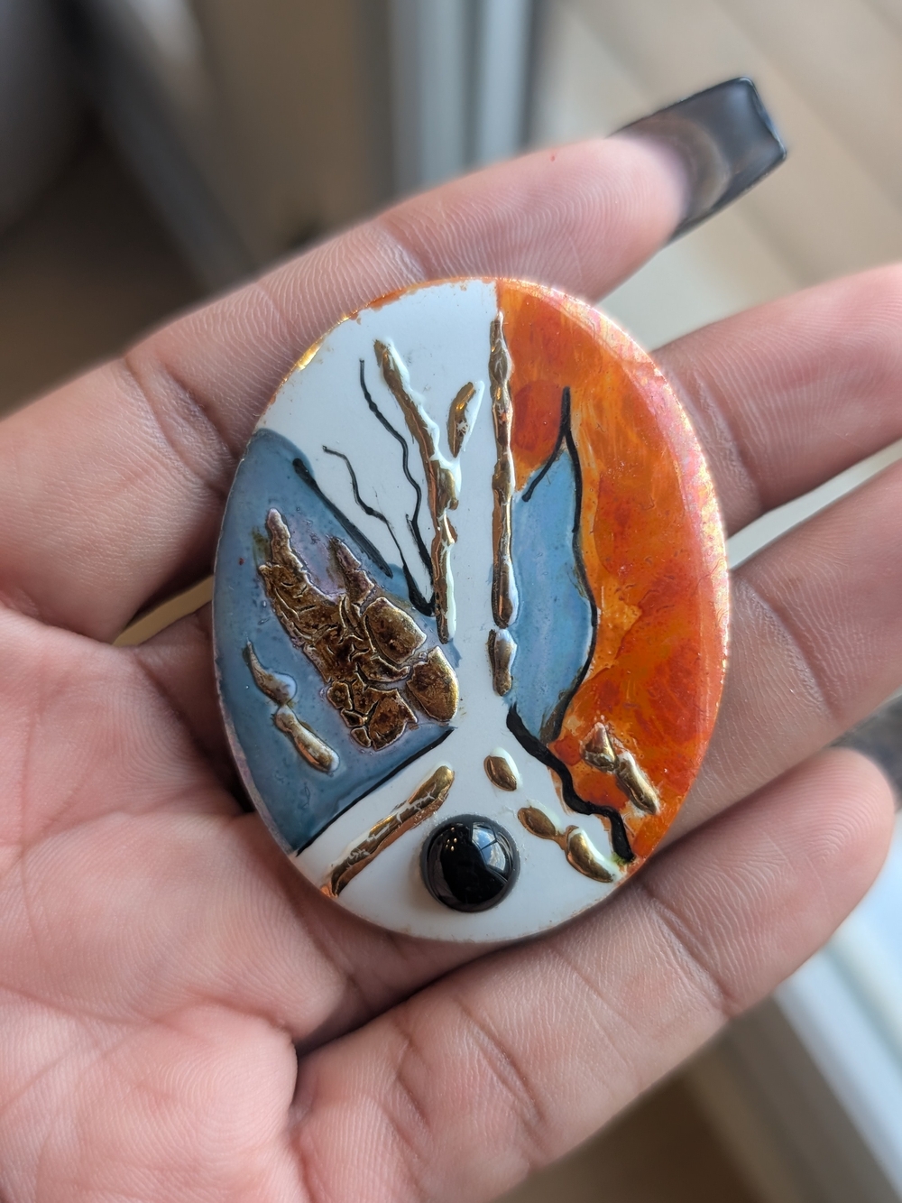 Vintage Japan Abstract Art Brooch – Hand Painted Orange Blue Gold Black Statemen